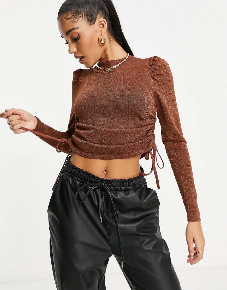 ASOS DESIGN high neck sweater with ruched side detail in brown