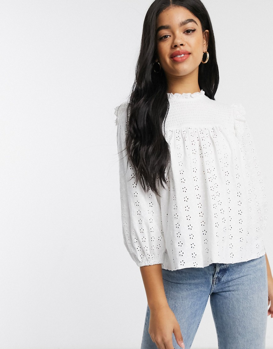 ASOS DESIGN high neck swing broderie top with ruffle detail in white
