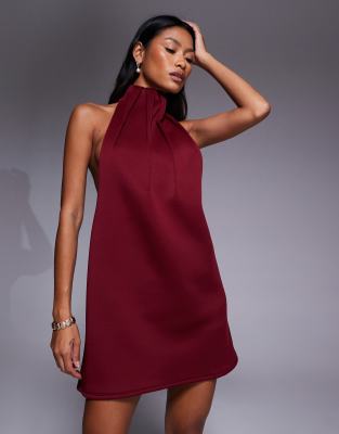 ASOS DESIGN high neck swing mini dress with exaggerated darts in burgundy in scuba-style fabric-Red