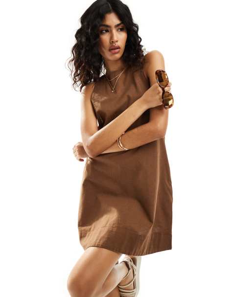 ASOS DESIGN grown on neck mini dress with ruched sides in stone