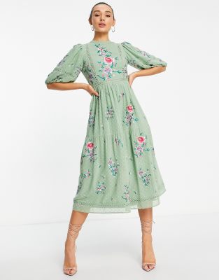 ASOS DESIGN high neck textured embroidered midi dress with lace trims in soft green ASOS