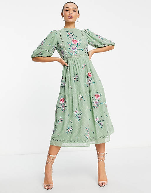 ASOS DESIGN high neck textured embroidered midi dress with lace trims in soft green