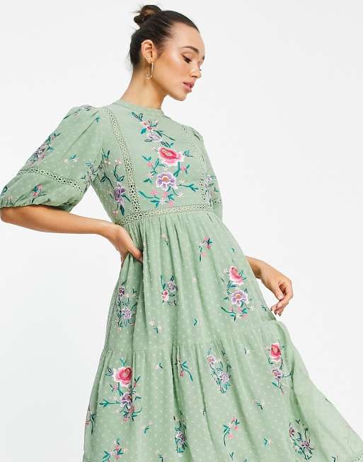 ASOS DESIGN high neck textured embroidered midi dress with lace trims in  soft green | ASOS