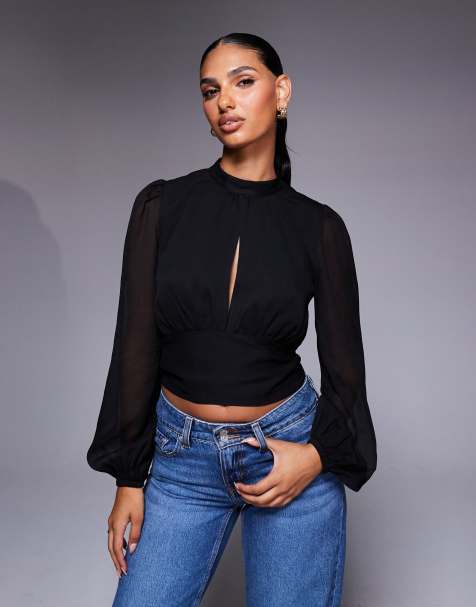 ASOS DESIGN high neck tie back crinkle top in black - view 1