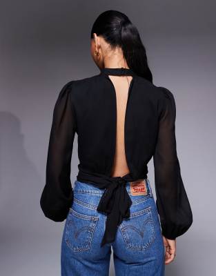Asos Design High Neck Tie Back Crinkle Top In Black
