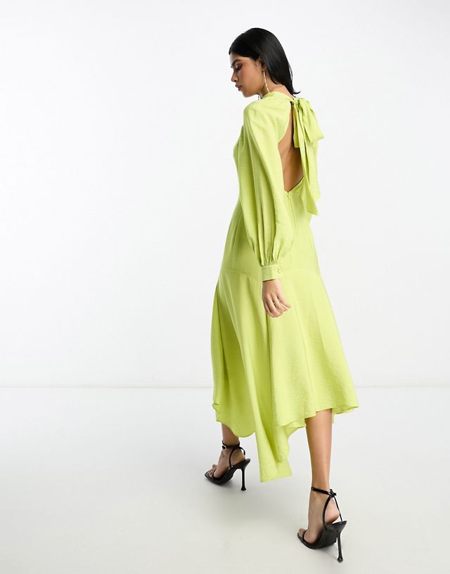 ASOS DESIGN high neck tie back midaxi dress with asymmetric hem and keyhole front in lime
