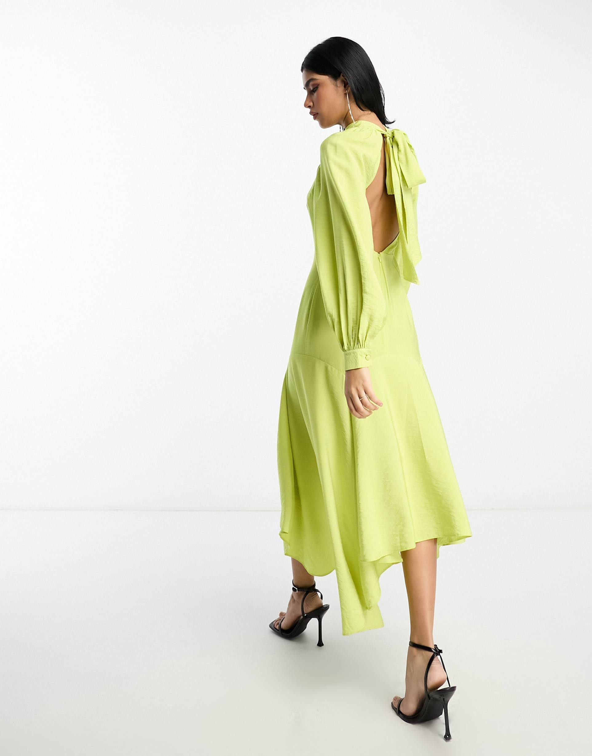 asos design high neck tie back midaxi dress with asymmetric hem and keyhole front in lime