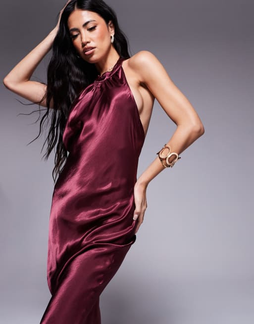 ASOS DESIGN high neck tie halter satin maxi dress in burgundy, 3 of 4