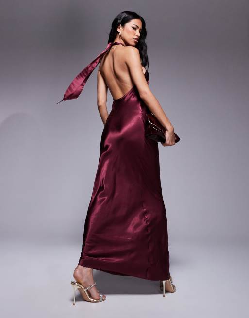 ASOS DESIGN high neck tie halter satin maxi in burgundy, 4 of 4