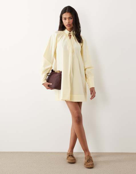 ASOS DESIGN high neck tie poplin mini dress with puff sleeve in tender yellow - view 1
