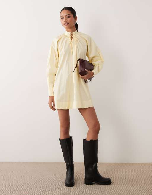 ASOS DESIGN high neck tie poplin mini dress with puff sleeve in tender yellow, 2 of 4