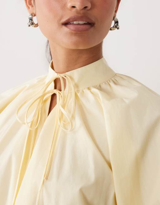 ASOS DESIGN high neck tie poplin mini dress with puff sleeve in tender yellow, 3 of 4