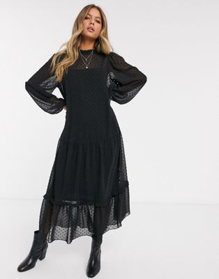 ASOS DESIGN high neck tiered dobby maxi dress in black | ASOS