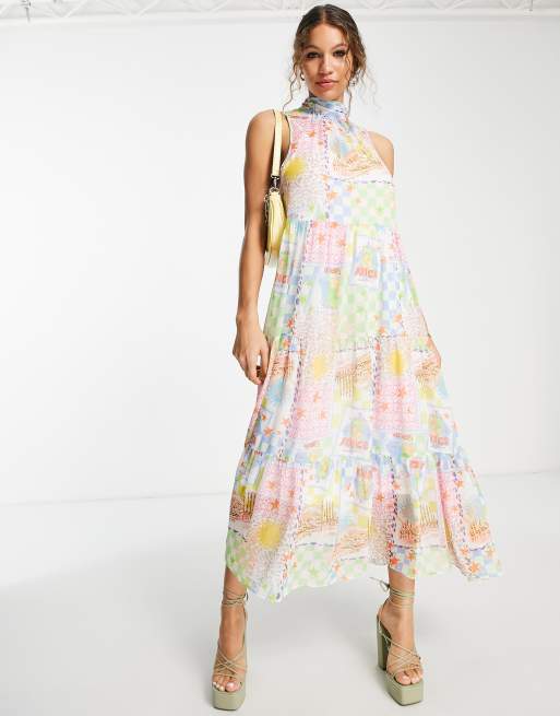 ASOS DESIGN high neck tiered maxi dress in bright postcard print | ASOS