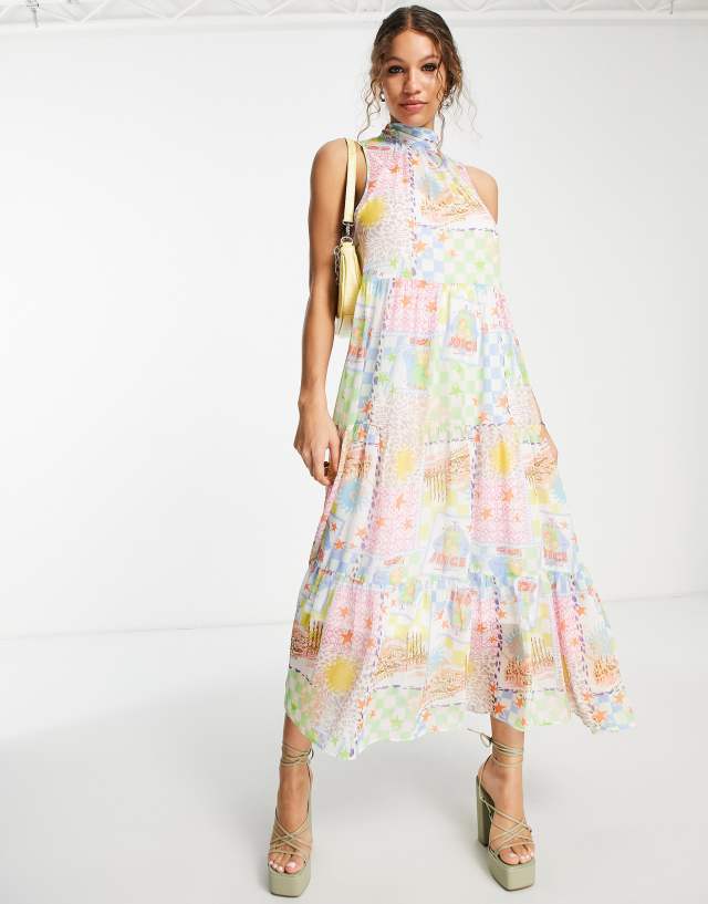 ASOS DESIGN high neck tiered maxi dress in bright postcard print