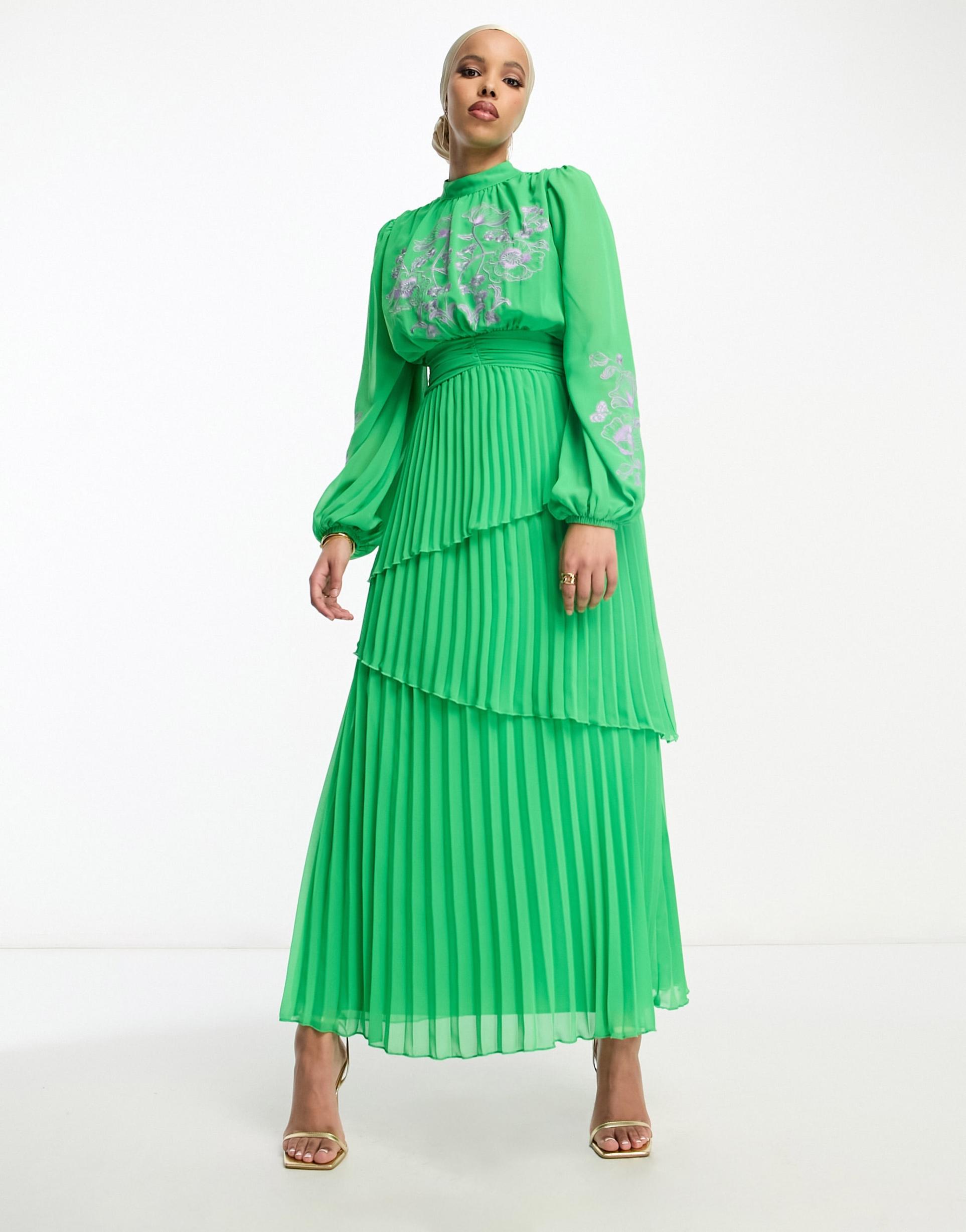 asos design high neck tiered pleated maxi dress with contrast embroidery in green