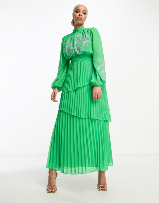 Pleated green hot sale maxi dress