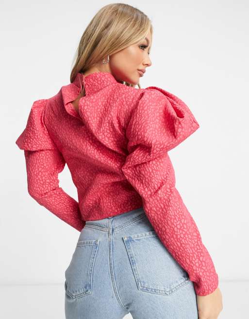 ASOS DESIGN high neck top in jacquard with volume sleeve in pink