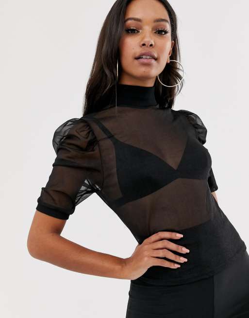 ASOS DESIGN high neck top in mesh with puff sleeve