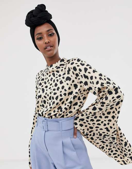 ASOS DESIGN high neck top in pebble print with fluted sleeve | ASOS