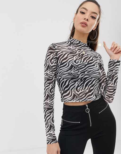 DESIGN high neck top in zebra print sheer mesh with long | ASOS