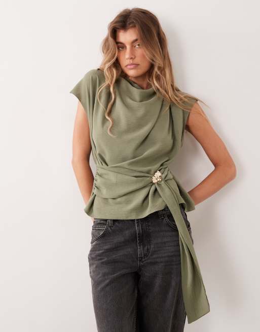 ASOS DESIGN high neck top with belt in khaki set, 3 of 4