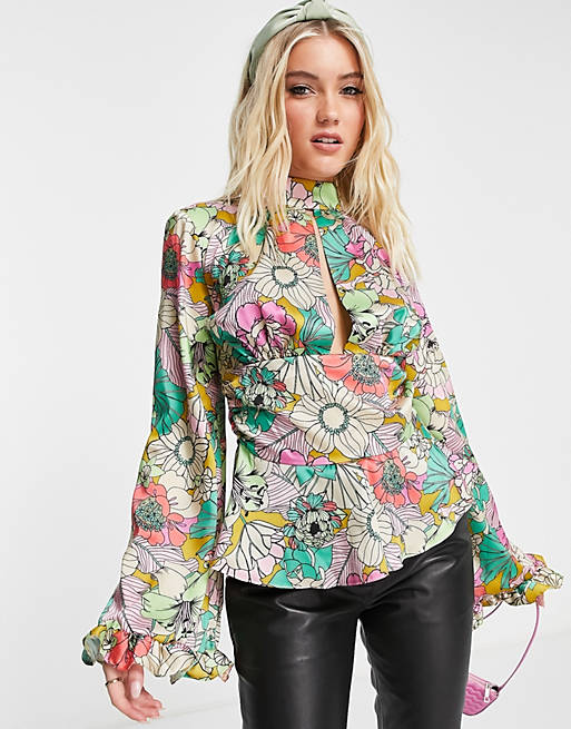 Tops Shirts & Blouses/high neck top with cut out detail in 60s floral print 