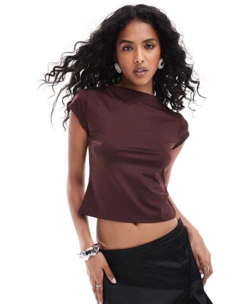 ASOS DESIGN high neck top with open back in brown - view 1