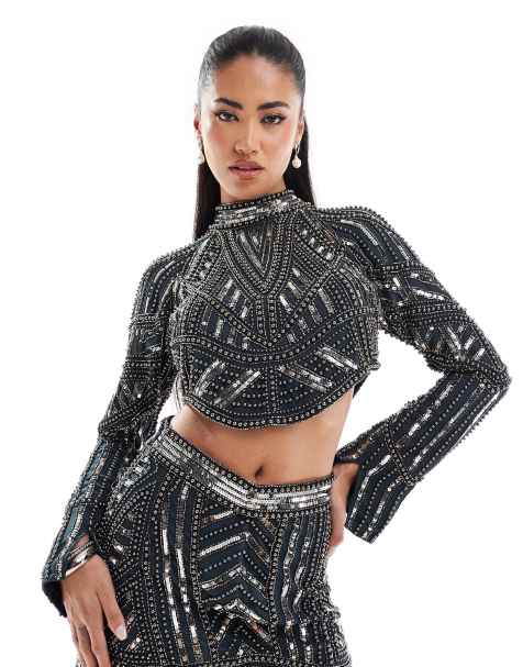ASOS DESIGN high neck top with pearl and sequin embellishment co-ord in dark navy