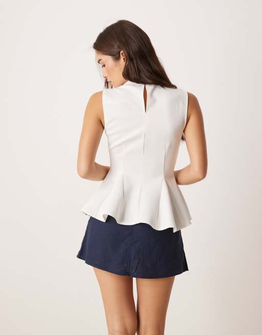 ASOS DESIGN high neck top with pleats and peplum hem in white in scuba-style fabric, 2 of 4