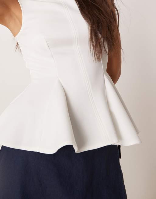 ASOS DESIGN high neck top with pleats and peplum hem in white in scuba-style fabric, 4 of 4