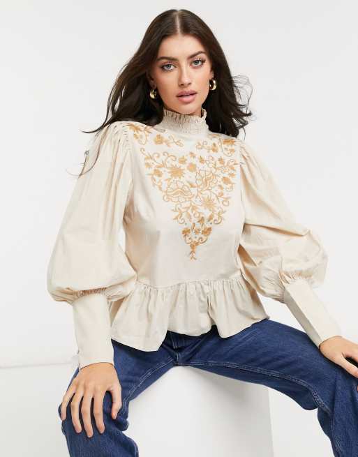 High neck puff sleeve on sale top