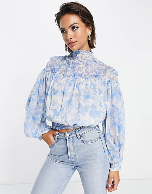  high neck top with shirred neck in blue floral print 