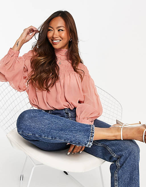 Tops Shirts & Blouses/high neck top with shirred neck in rose 