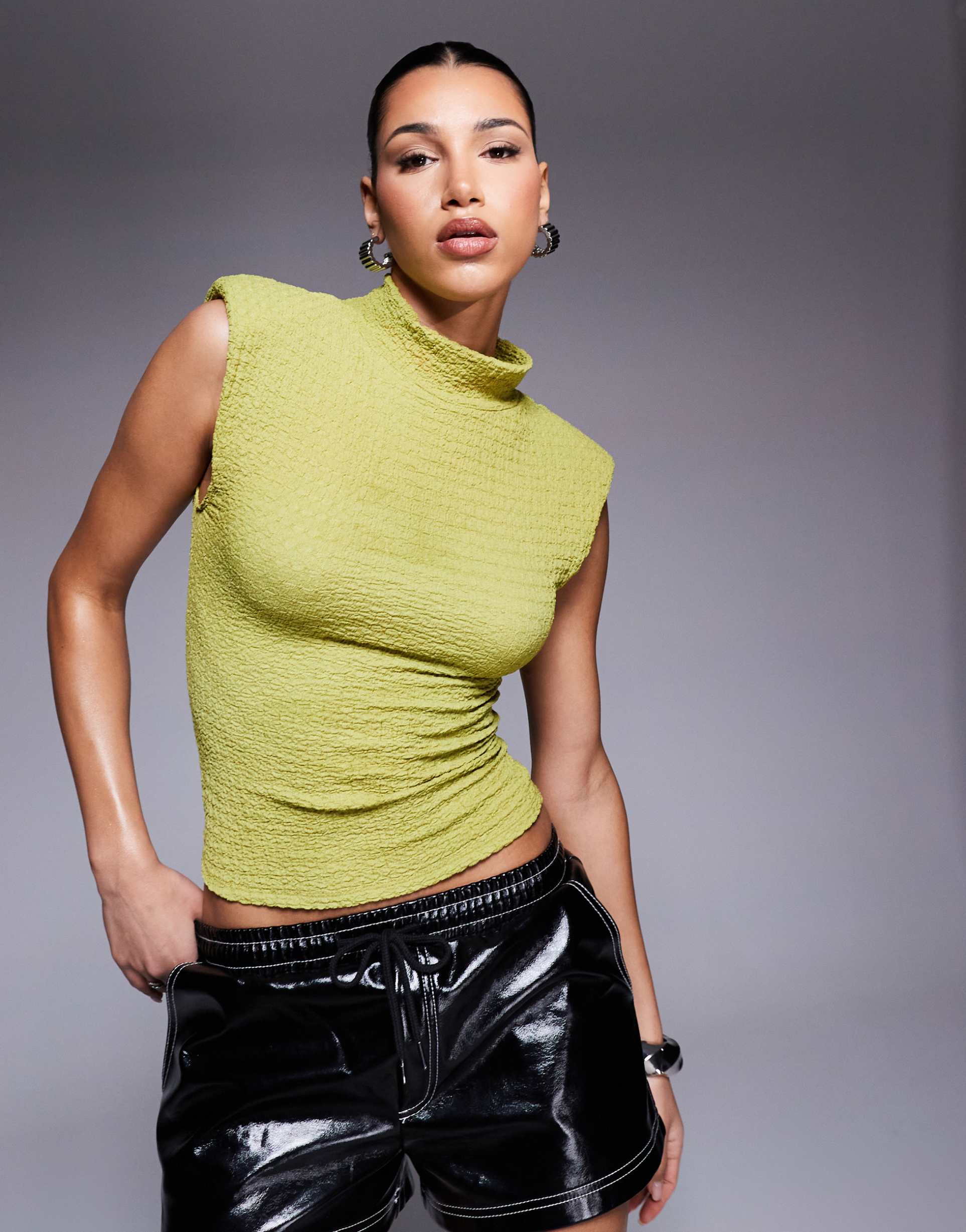 asos design high neck top with shoulder pads in texture green