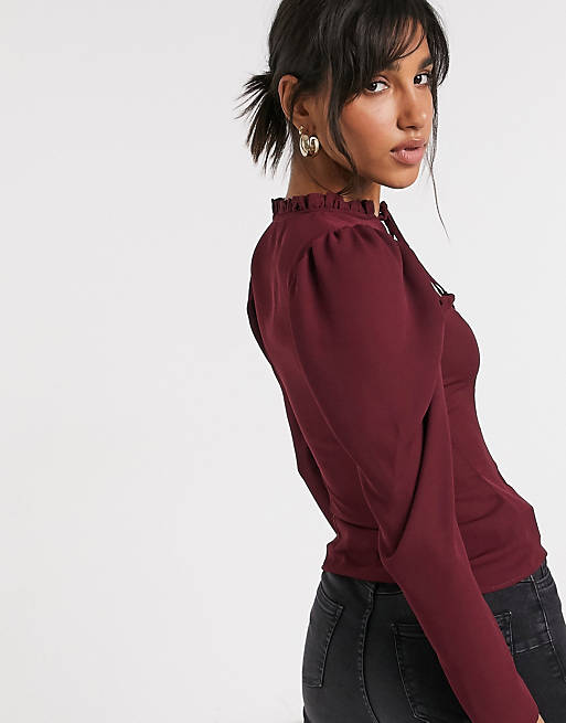 ASOS DESIGN high neck top with sweetheart cut out detail in oxblood
