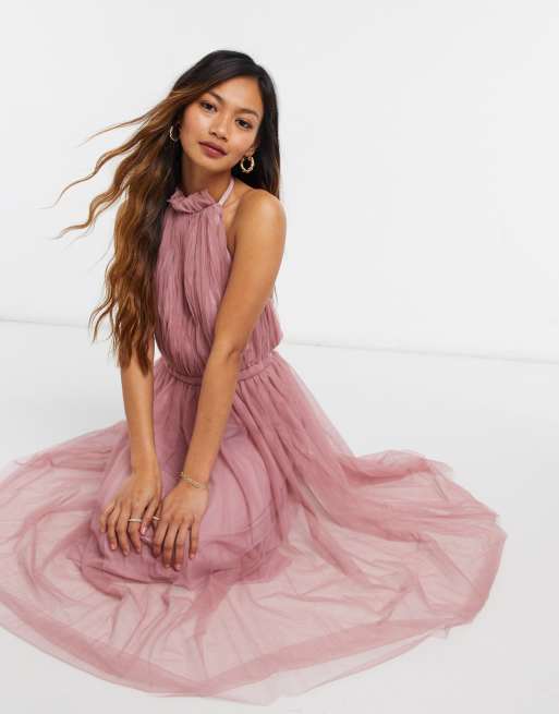 ASOS DESIGN high neck tulle maxi dress with side cut out detail in rose