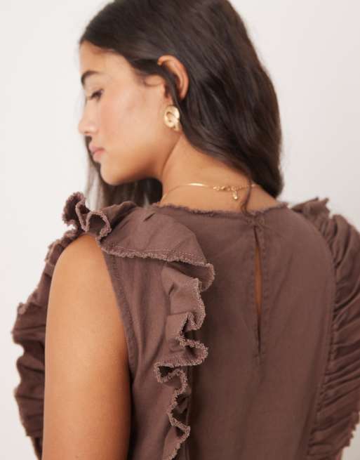 ASOS DESIGN high neck twill midi dress with frill shoulder detail in brown, 4 of 4