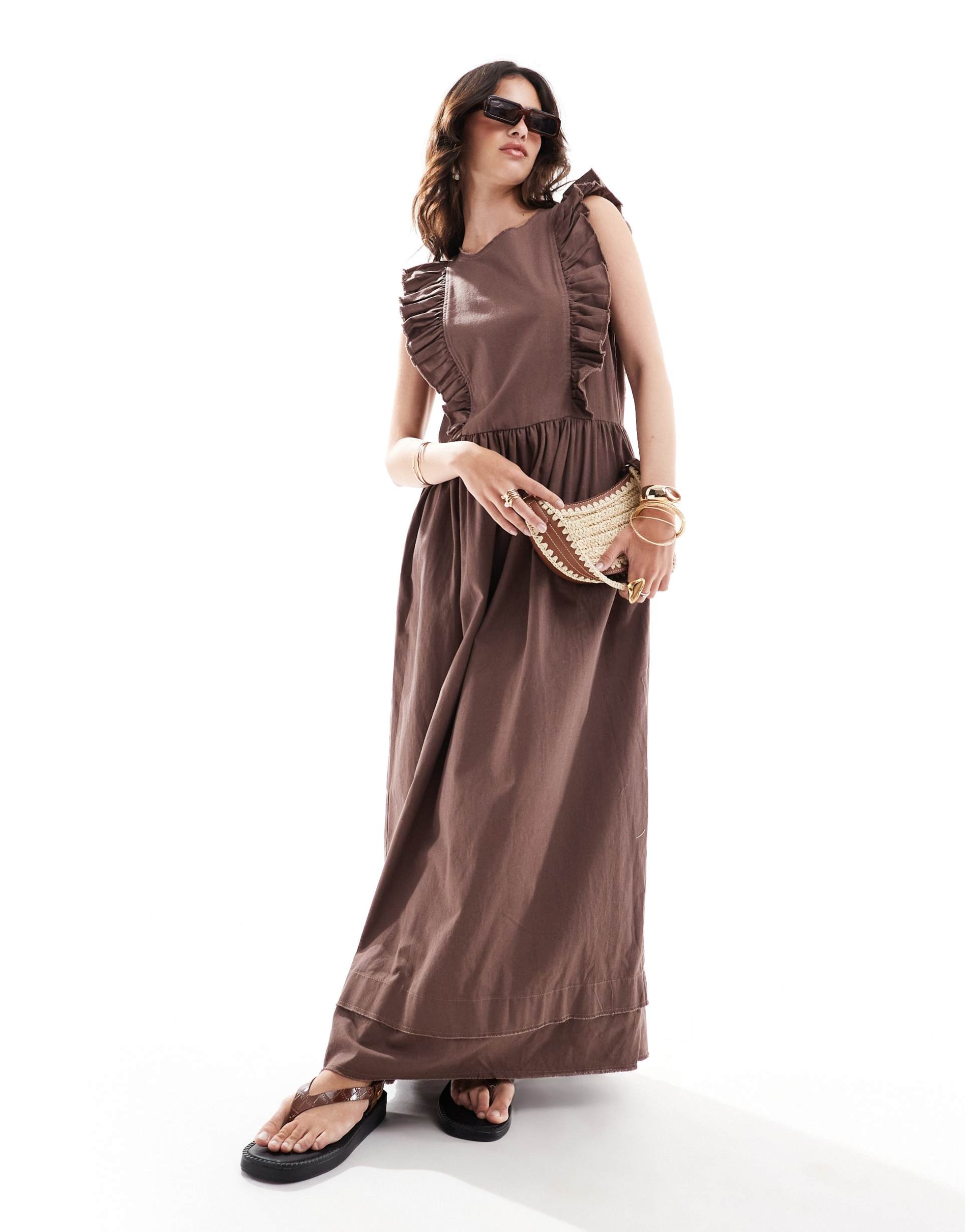 asos design high neck twill midi dress with frill shoulder detail in chocolate