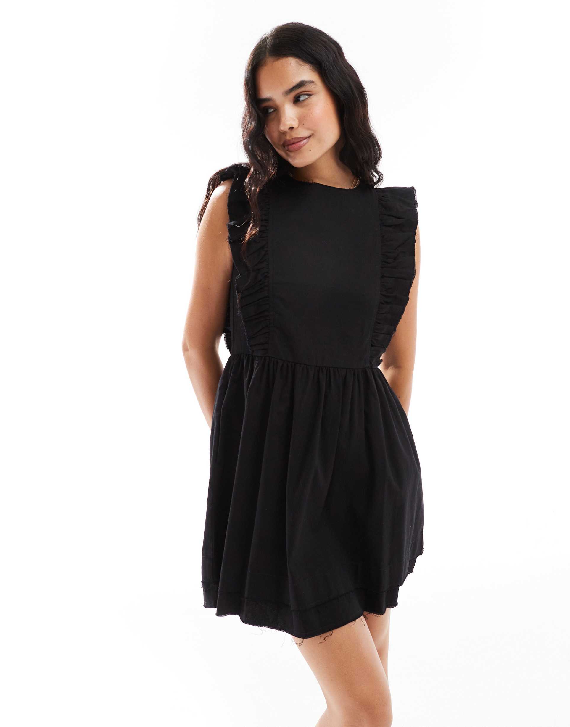 asos design high neck twill mini dress with frill shoulder detail in black