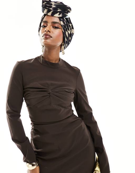 Long Sleeve Turtleneck Maxi Dress Chocolate