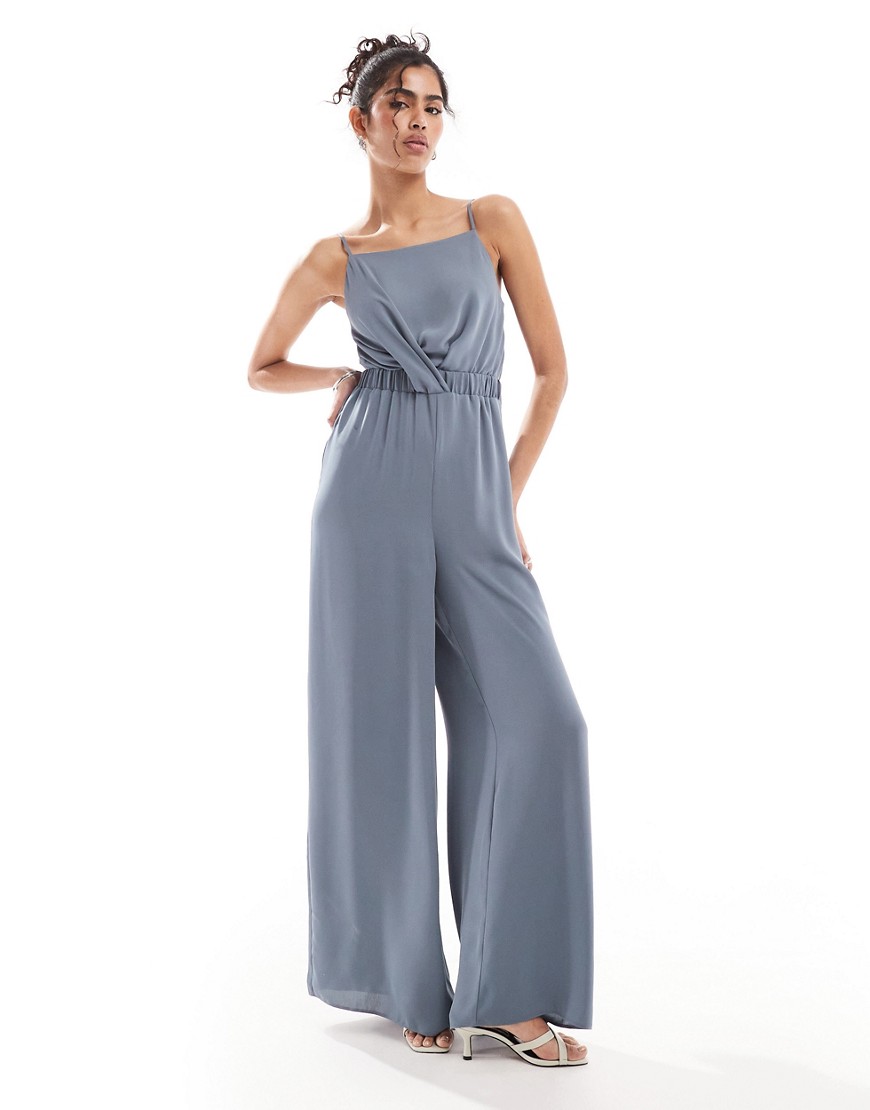 Asos Design High Neck Twist Front Jumpsuit In Blue In Gray
