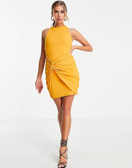 Dresses high neck twist wrap mini dress in mustard 