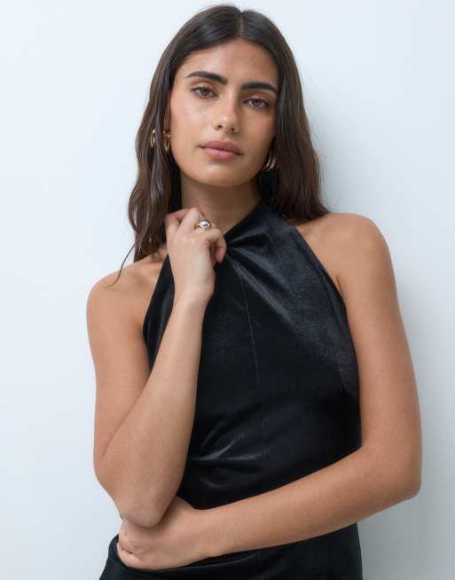 ASOS DESIGN high neck velvet maxi dress with high low puffball hem in black, 5 of 5