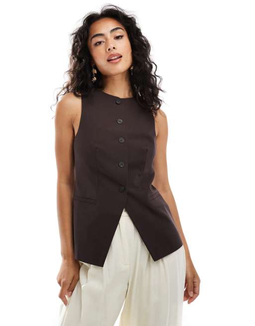 ASOS DESIGN high neck vest in brown twill