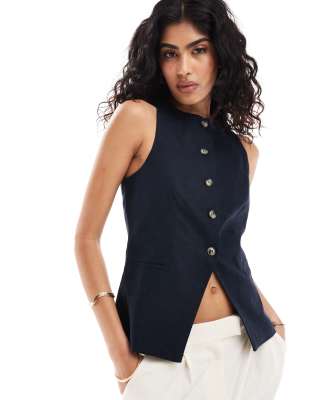 Asos Design High Neck Vest With Linen In Navy In Blue