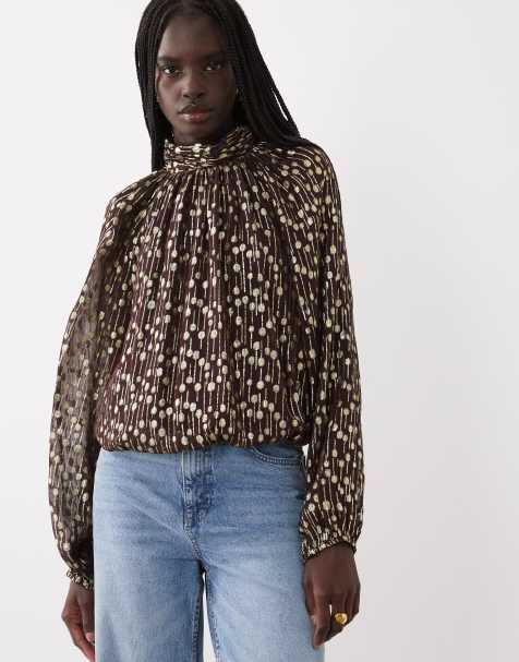 ASOS DESIGN high neck volume blouse in gold jacquard - view 1