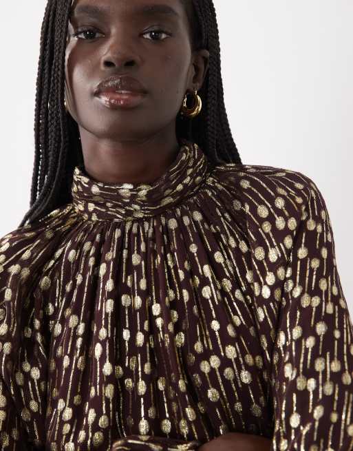 ASOS DESIGN high neck volume blouse in gold jacquard, 4 of 4