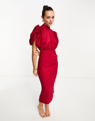 ASOS DESIGN high neck volume sleeve midi dress with fitted skirt in berry