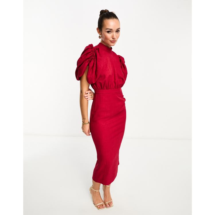 ASOS DESIGN high neck volume sleeve midi dress with fitted skirt in berry